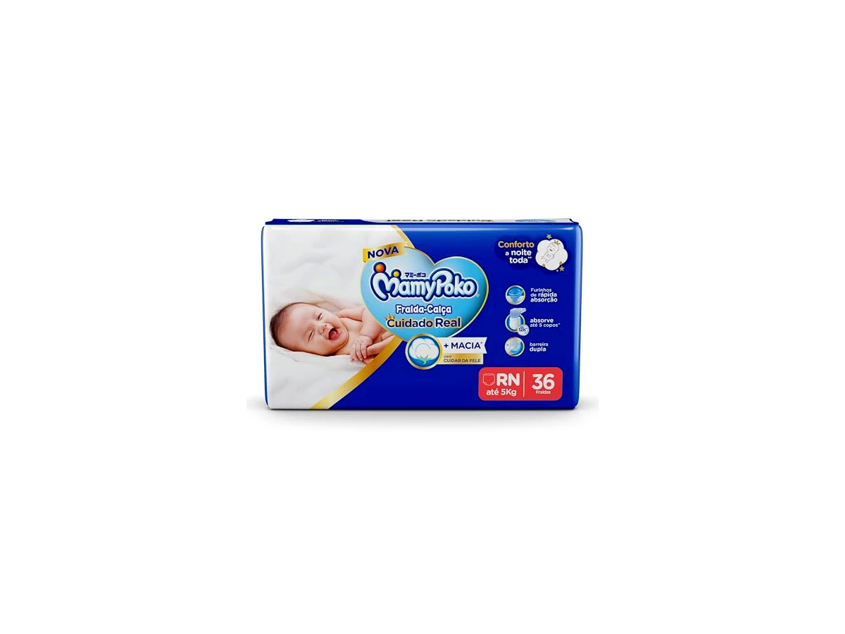 MamyPoko Fralda-Calça Cuidado Real Jumbo RN, pacote com 36 fraldas, para bebês de até 5 kg