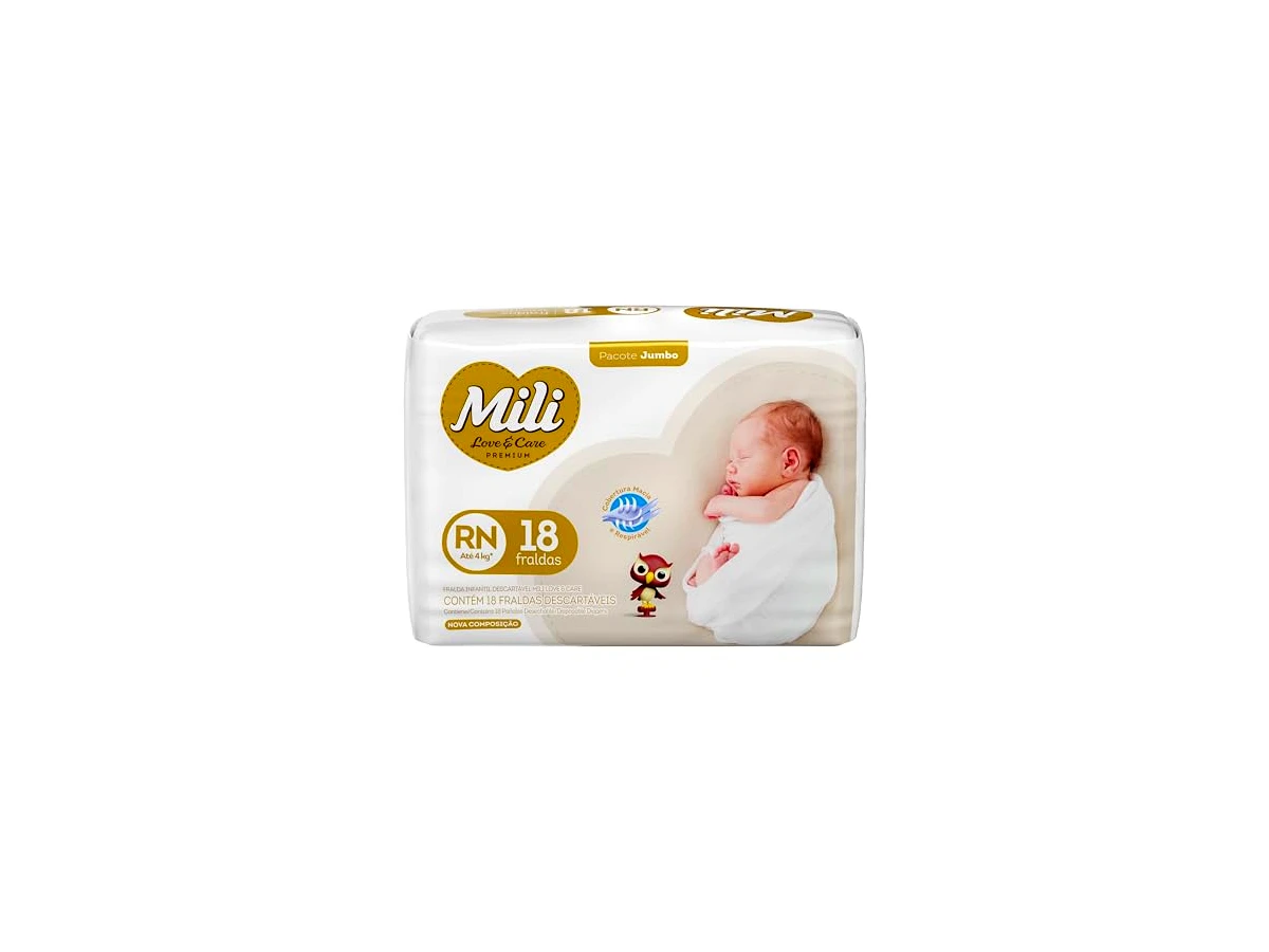 Mili Love & Care Premium Jumbo RN, pacote com 18 fraldas, para bebês de até 4 kg
