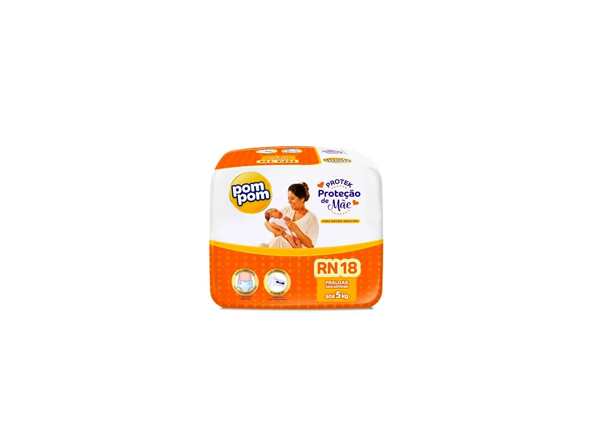 Pom Pom Protek Proteção de Mãe Jumbo RN, pacote com 18 fraldas, para bebês de até 5 kg