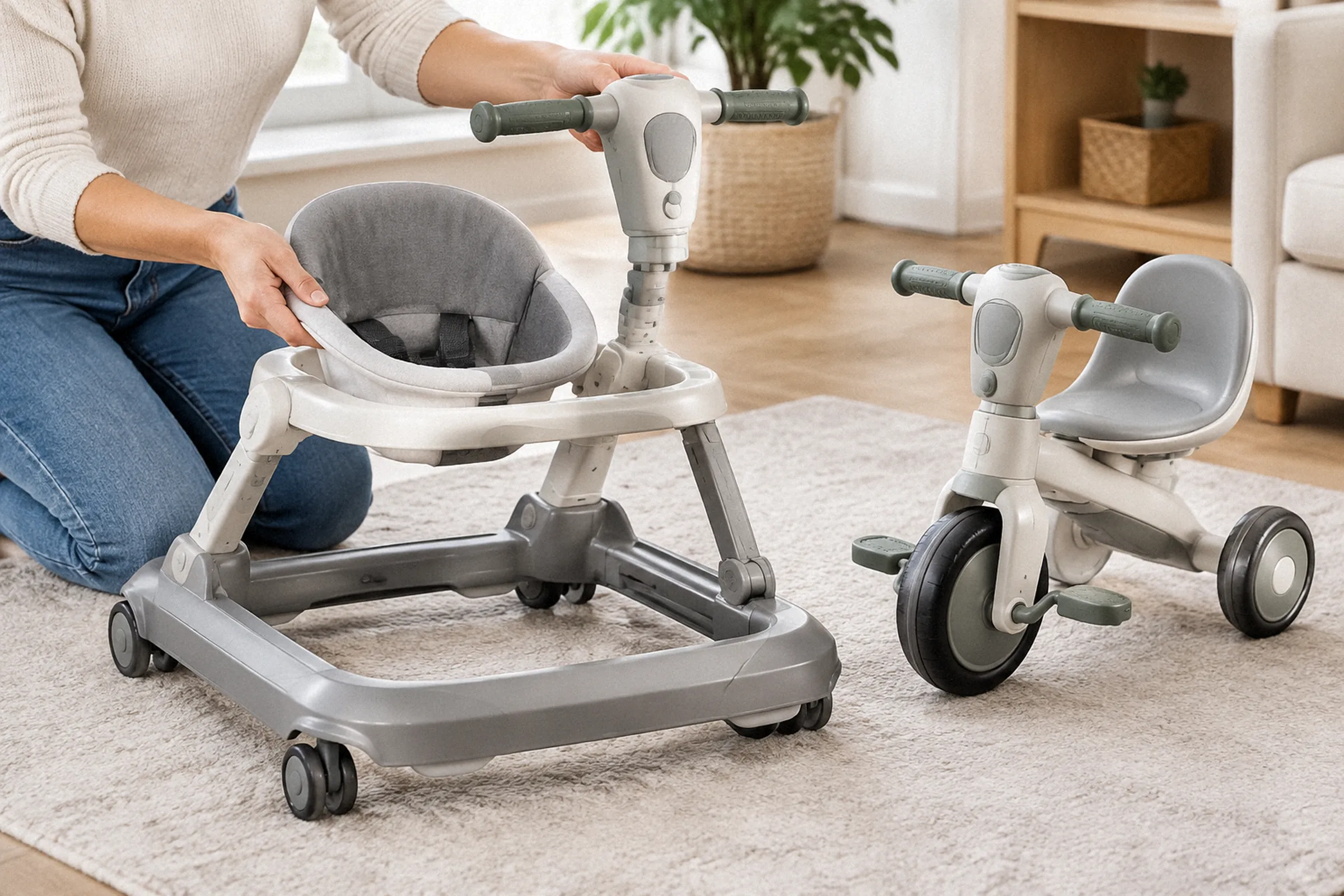 Adulto encaixa o assento e o guidão removíveis em um andador conversível, com a configuração de triciclo visível ao lado.