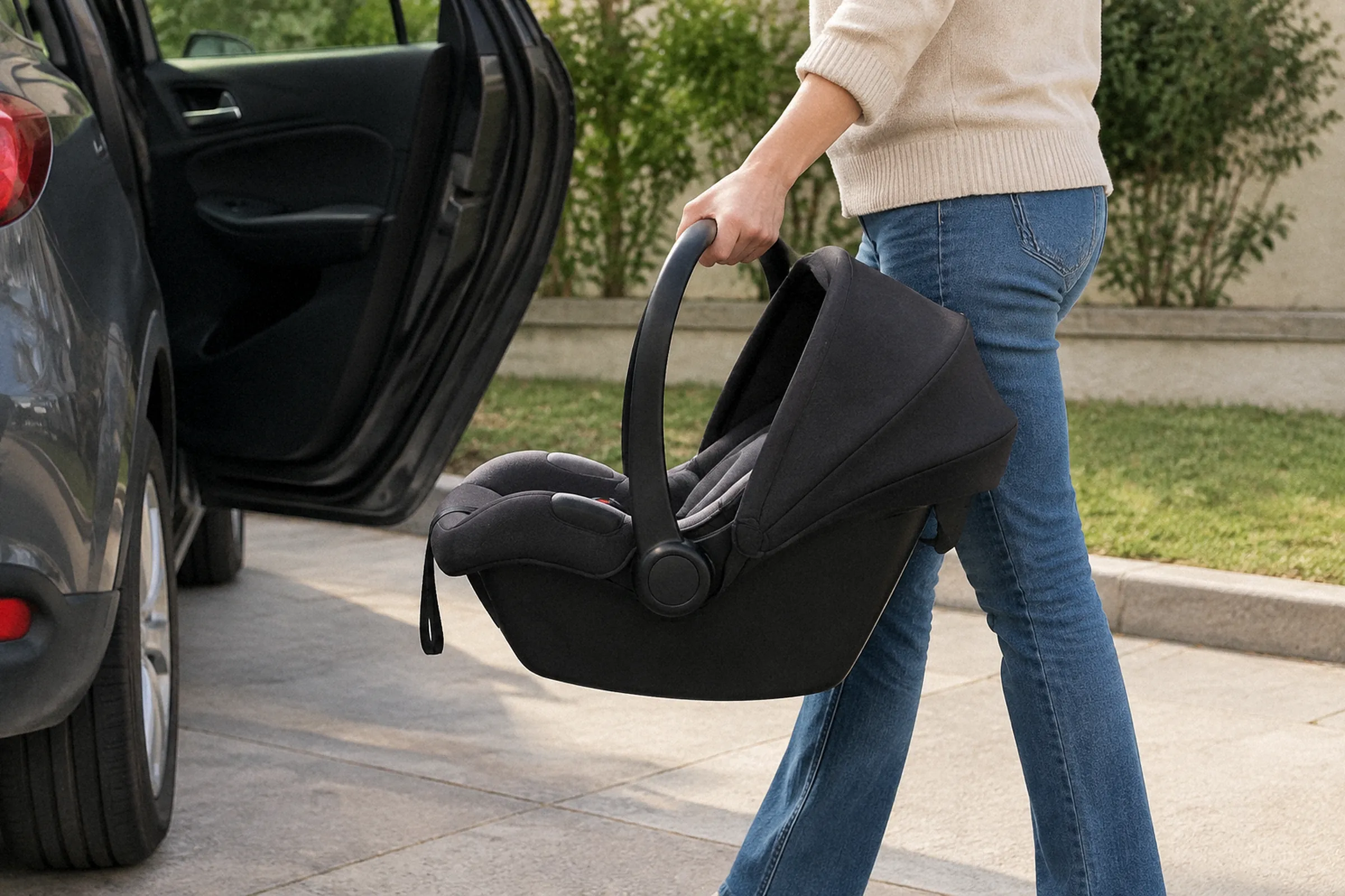 Uma pessoa transporta o bebê conforto vazio pela alça entre a porta do carro e a calçada, com o braço e a concha enquadrados de perfil.