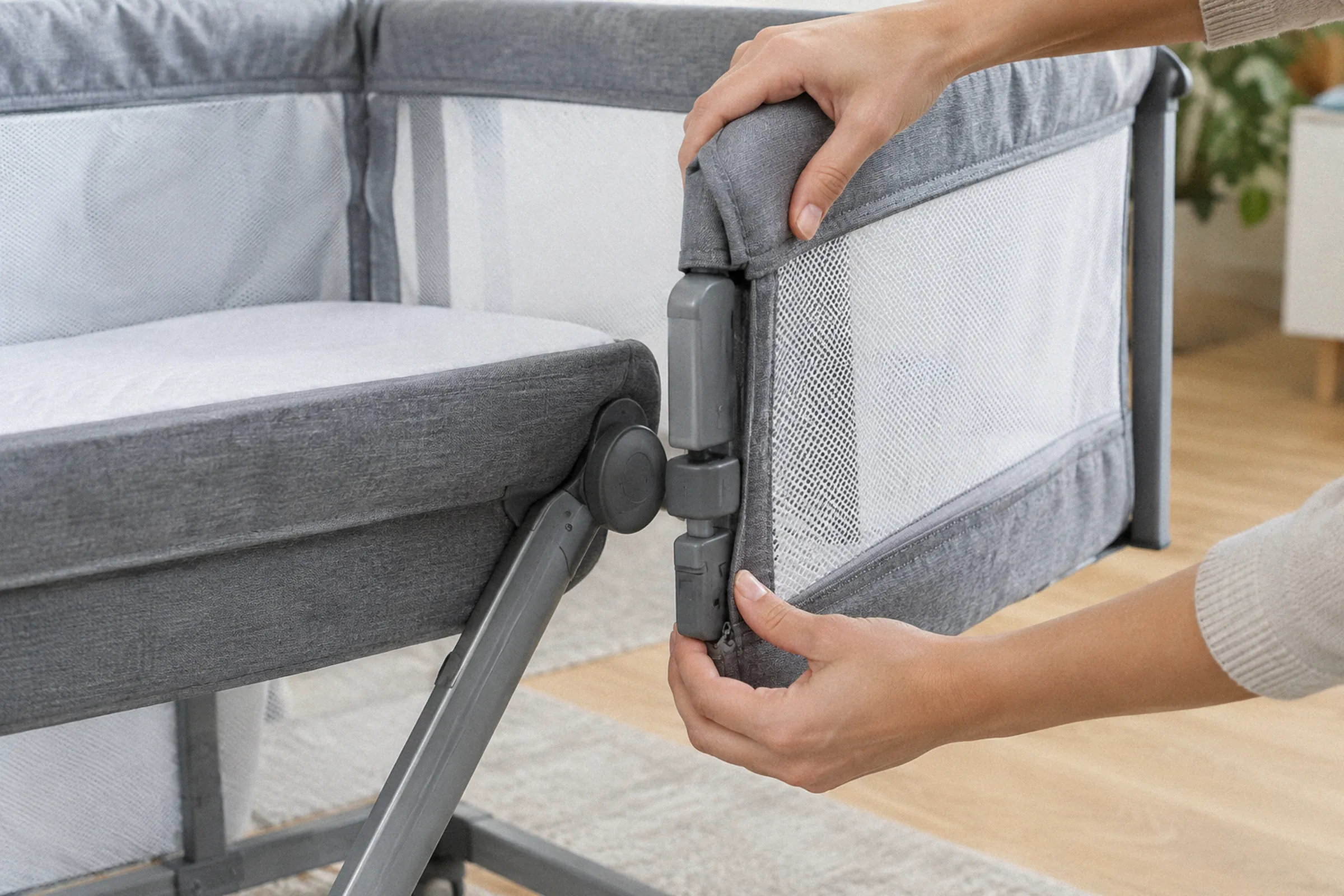 Mãos encaixam e travam a lateral articulada de um berço portátil, com a estrutura parcialmente aberta enquadrada de perto.