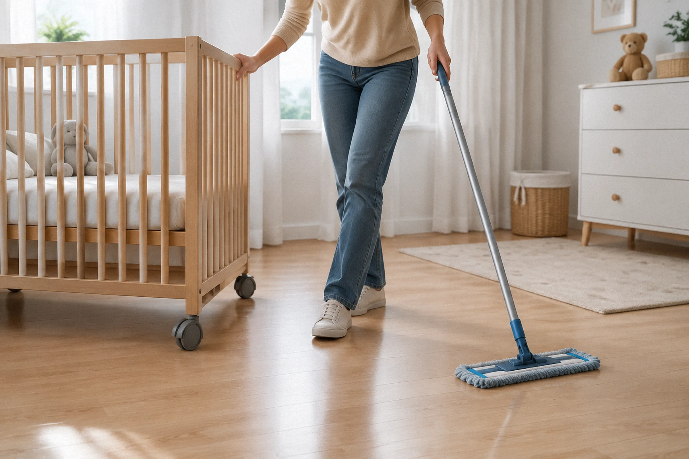 Pessoa desloca um berço com rodas para o lado enquanto conduz um esfregão pelo espaço liberado no piso do quarto.